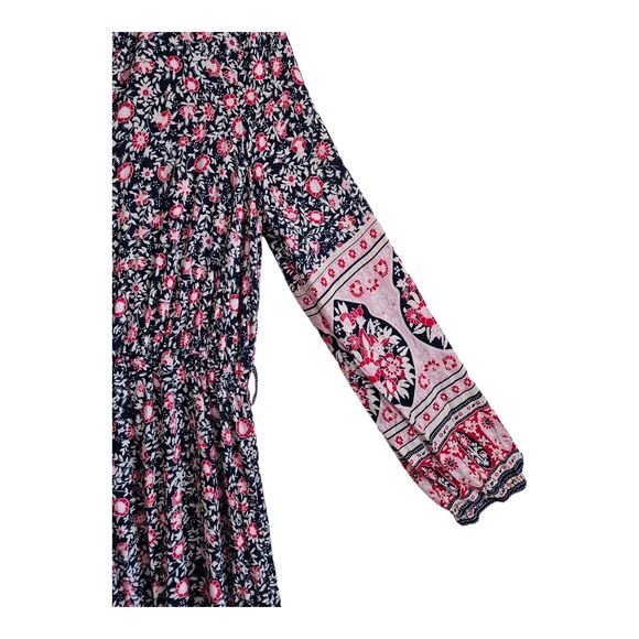 SHEILAY Women's XL Dress Floral Peasant Navy Red Pink 1/2 Buttons Flare Ruffle - Picture 4 of 7